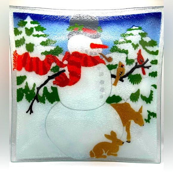 Peggy Karr Art Fused Glass Winter Snowman Cardinal Birds Square Platter 13 in - Picture 8 of 9